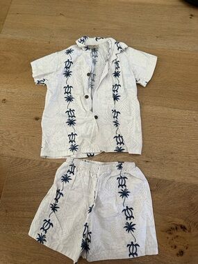Boys White & Navy Tropical Hawaiian shirt and short Set